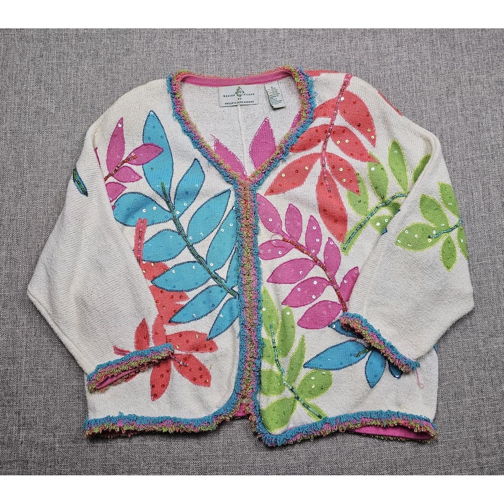 Design Options Philip Jane Gordon Sweater Womens XL Leaf Cardigan Sequin Fringe